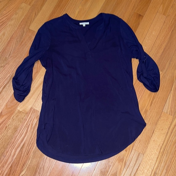 Pleione Tunic Mixed Media Split Neck Roll Tabbed Sleeves - Picture 2 of 6